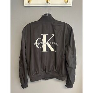 Vintage '90s Calvin Klein Bomber Jacket Womens Small Logo Black Zip Coat Pockets
